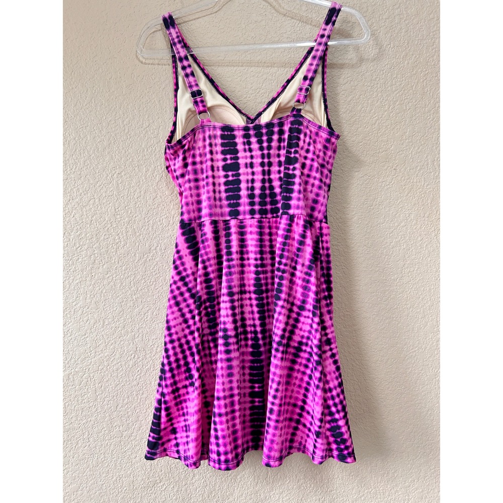 D&Co. Beach 10 Swim Dress Pink Black Tie Dye Dot Wrap V-Neck Modest Summer - Picture 2 of 12